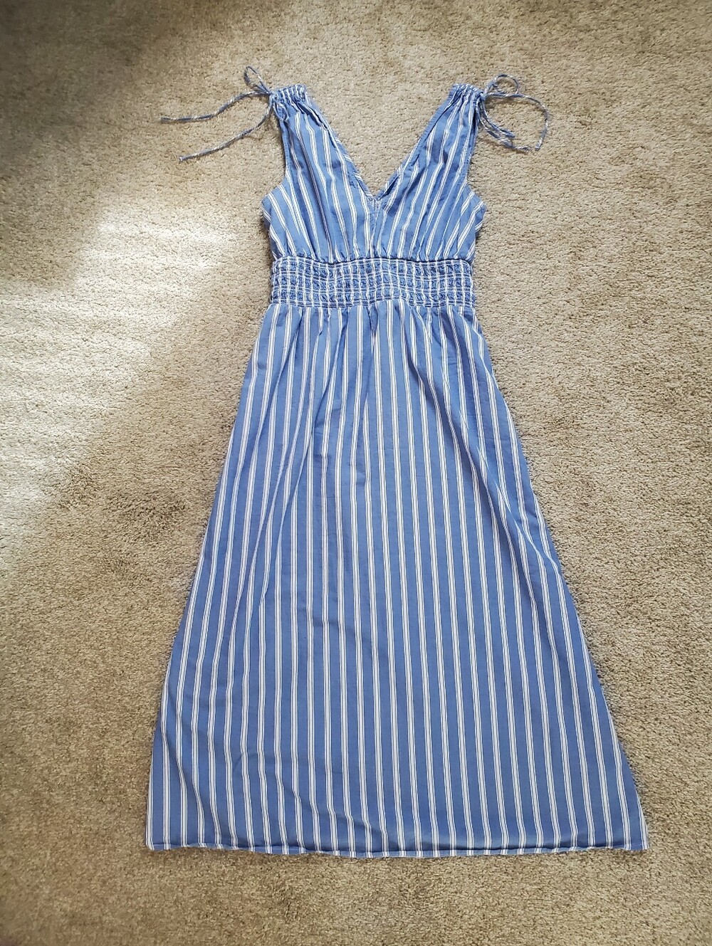 Old Navy Cotton Blue and White Striped Tie-Shoulder Smocked Waist Midi Dress